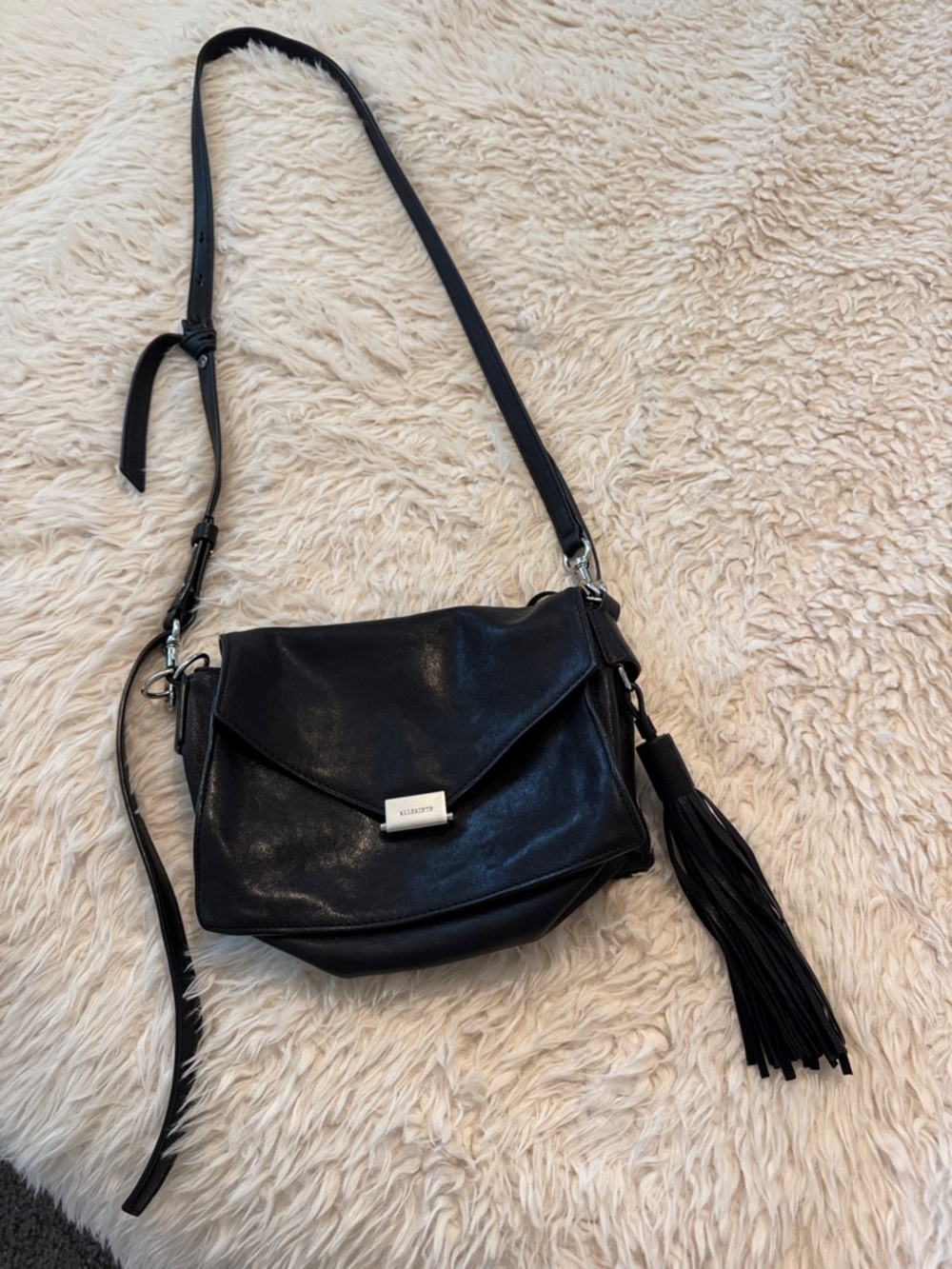 All Saints Black Leather Crossbody with Tassel Accent